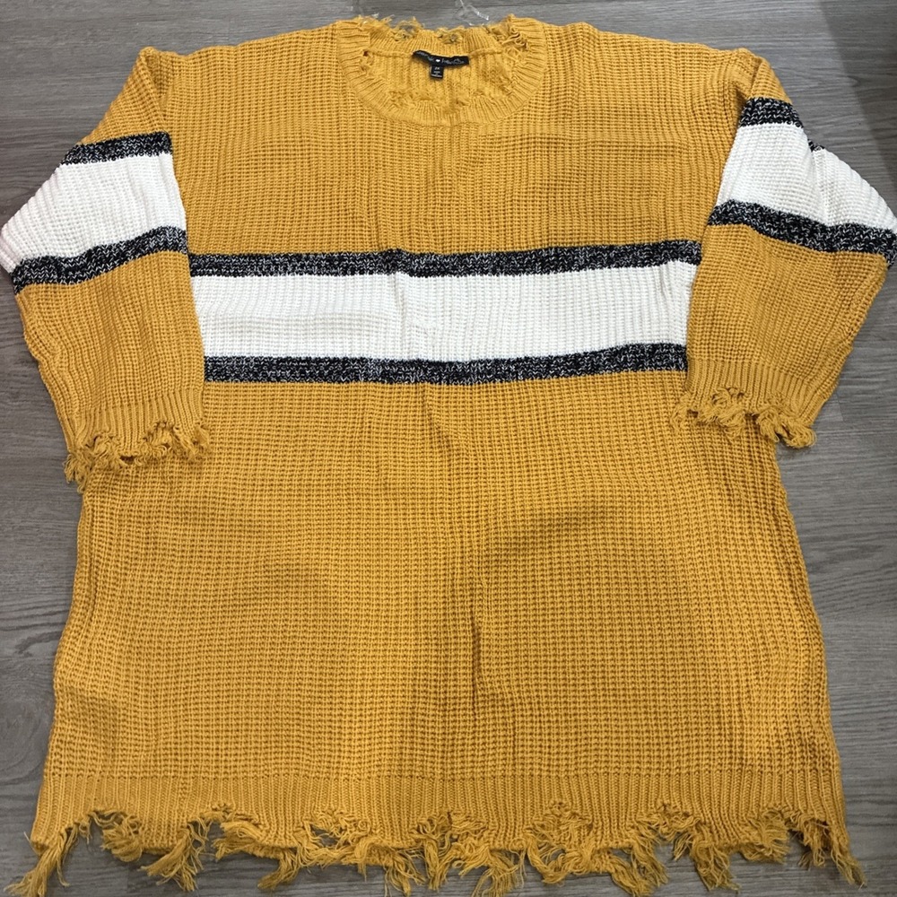 Derek Heart Womens Yellow Stripe Frayed Distressed Pullover Knit Sweater Sz 2X